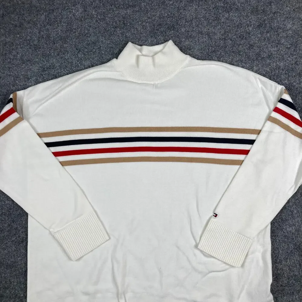 Tommy Hilfiger Sweater Mens L Cream Mock Neck Stripe‎ Logo Pullover